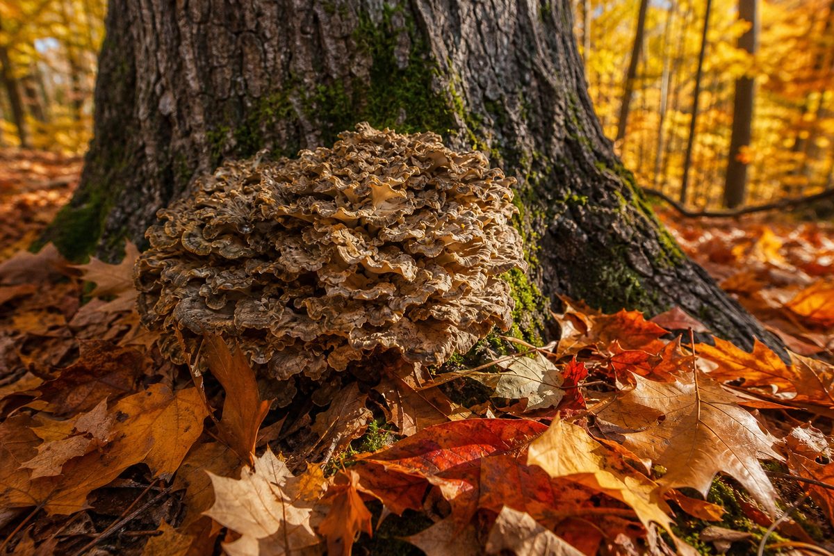 Large hen-of-the-woods mushroom at tree base in autumn