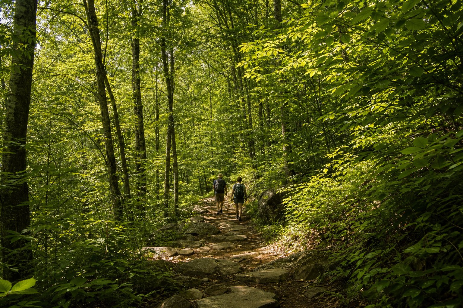 Hikers on the Appalachian Trail through Hudson Valley forest