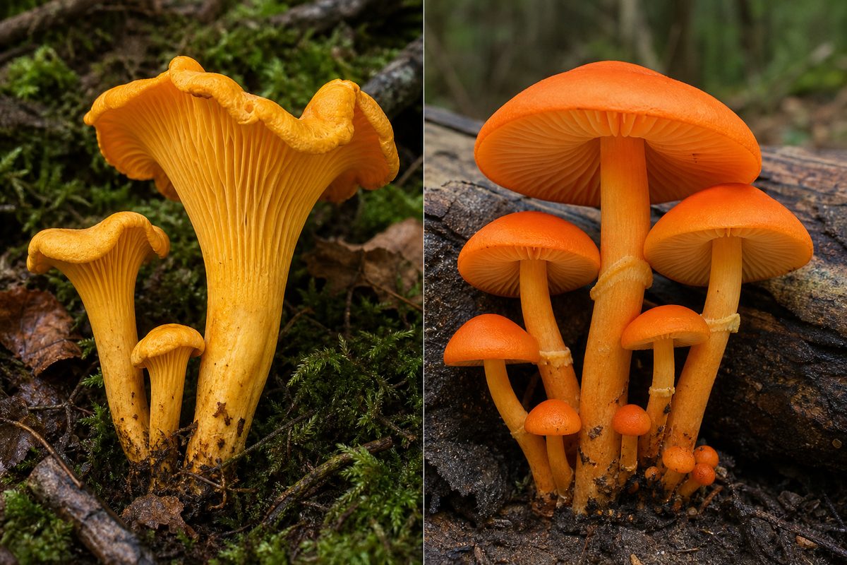 Edible chanterelle vs toxic look-alike mushrooms side by side