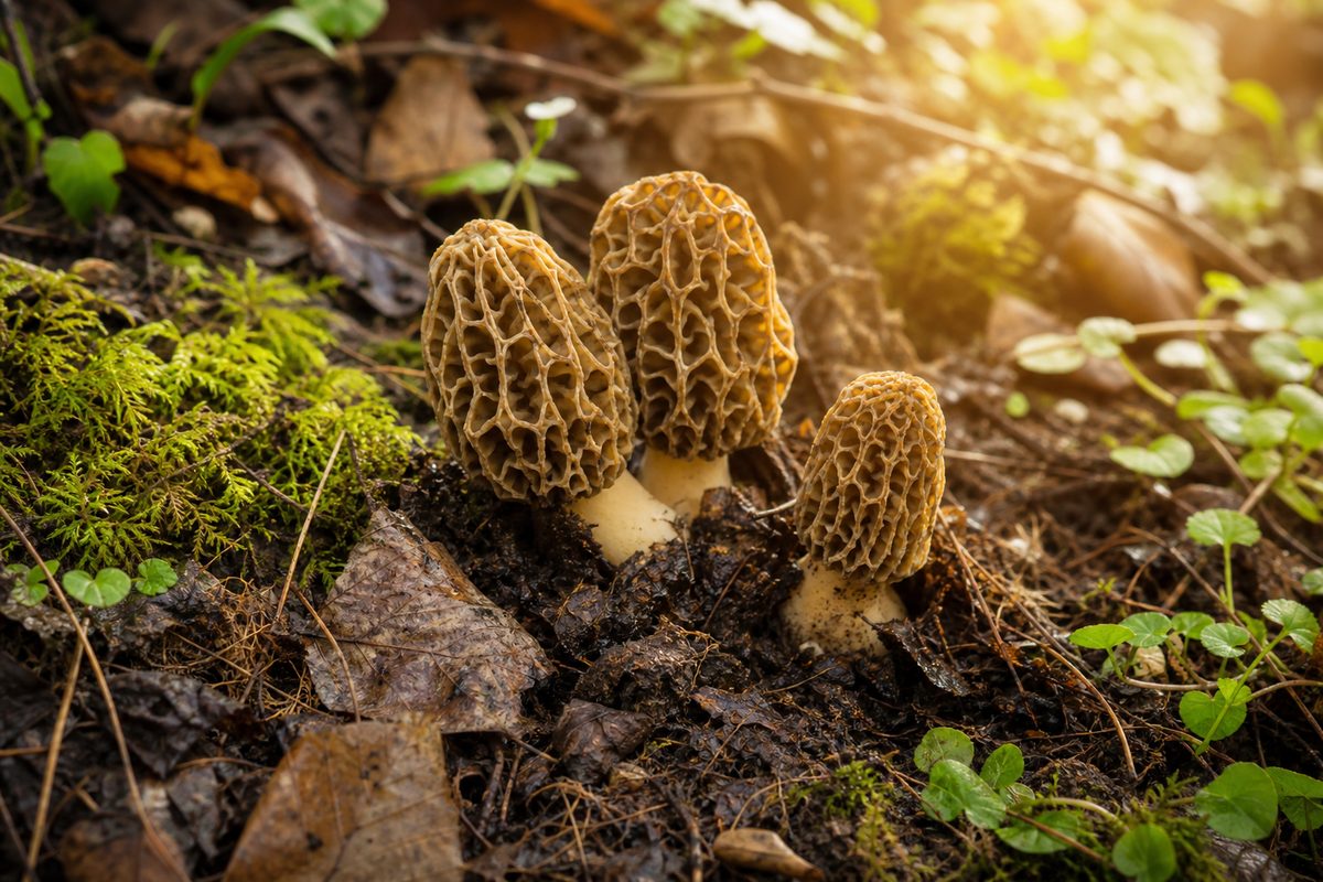 Morel mushrooms growing from forest floor
