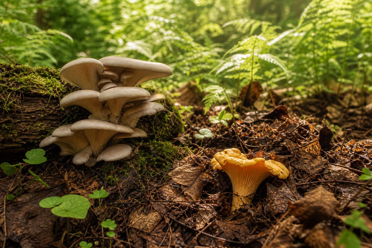 Oyster and chanterelle mushrooms in the forest