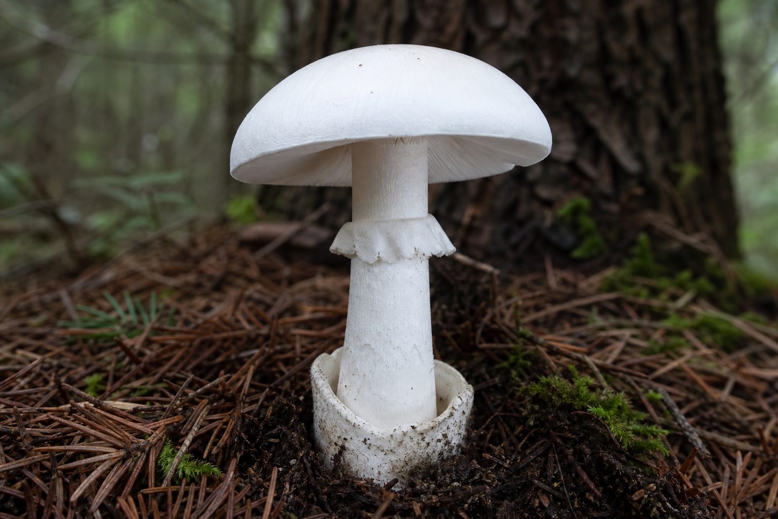 Western Destroying Angel (Amanita elliptoides) — basal volva (cup-like sac at stem base) present even at button/early stage; pure white, closely related to A. ocreata